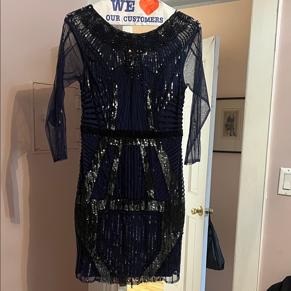 Aidan Mattox Navy and Black Beaded Long Sleeve Cocktail Dress